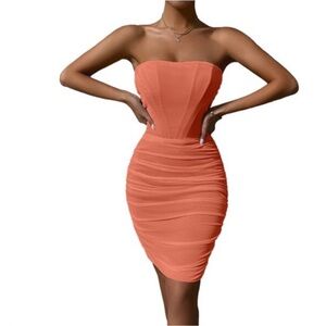 NEW Pofash Women's Sexy Strapless Mesh Ruched Cocktail Party Midi Dress